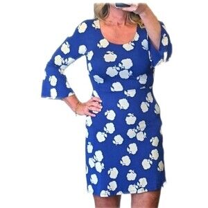 Boden ladies blue 3/4 bell sleeve dress with white flowers - stretch - size 6